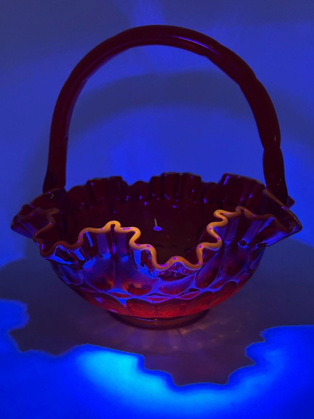 GLOWS! Vintage Fenton Amberina Ruffled-Edge Thumbprint Glass Basket 8"